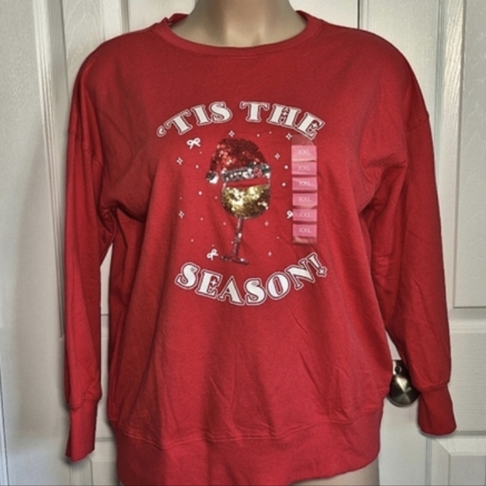 Rockin Around Tis The Season Wine Sequin Red Long Sleeve‎ Tee Shirt XXL New